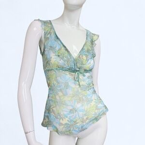 Vintage Floral Mesh Fairy Top Y2K Boho Cami Coquette Womens S sheer floral